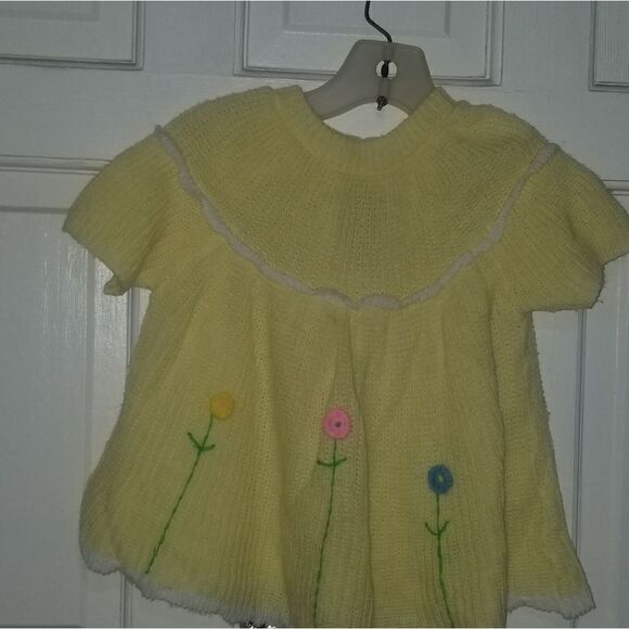 Vintage Handmade Knit Crochet Baby girl dress Yellow & white soft spun made in J - Picture 7 of 9